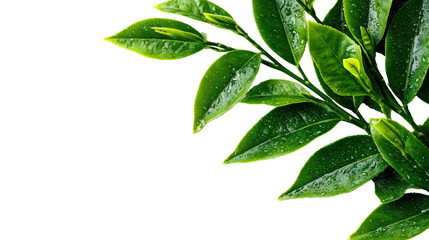 Obraz premium Fresh green leaves with water droplets on a white isolated background.