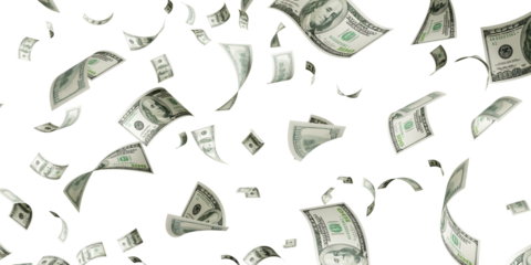 Floating of 100 dollar bill on transparent 