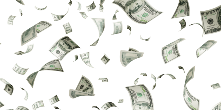 Floating of 100 dollar bill on transparent 