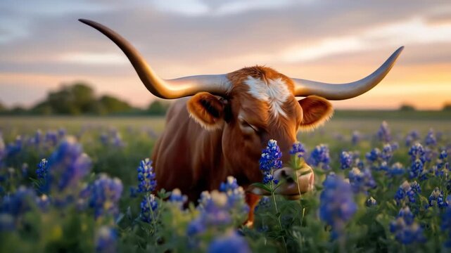 A longhorn cow grazing in a field of bluebonnet flowers at sunset.