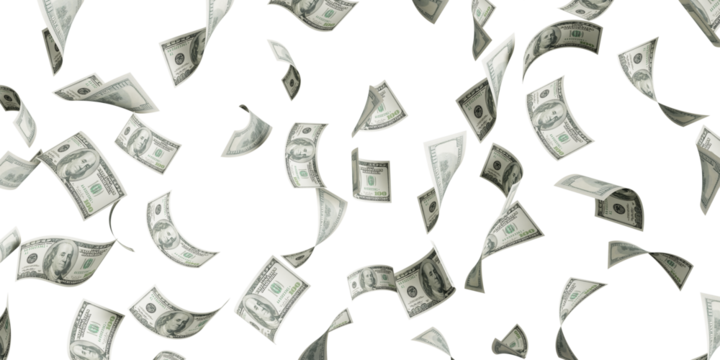 Floating of 100 dollar bill on white
