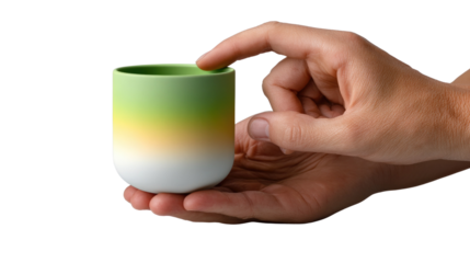 Ceramic cup in hand: A close-up shot reveals a hand gently cradling a vibrant, gradient-colored ceramic cup. The fingers lightly touch the rim.