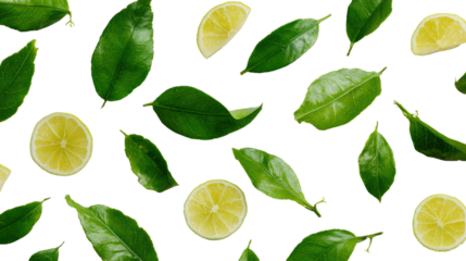 Fresh lemon slices and green leaves arranged on a white background.