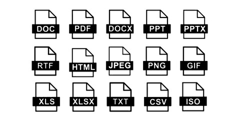 Document icon set, file type vector in various file formats including DOC, PDF, DOCX, PPT, PPTX, XLS, XLSX, TXT, CSV, ISO, RTF, HTML, JPEG, PNG, GIF, MP3, MP4, ZIP, RAR, EXE
