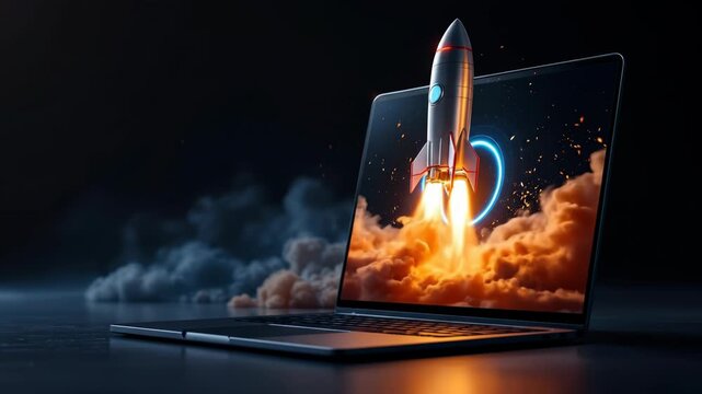 A rocket launching out of a laptop screen. Startup and business growth concept.