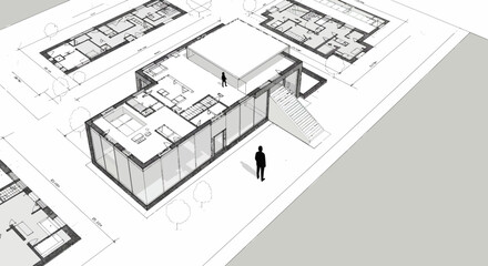 Architectural drawing showcases a modern house design with detailed floor plans