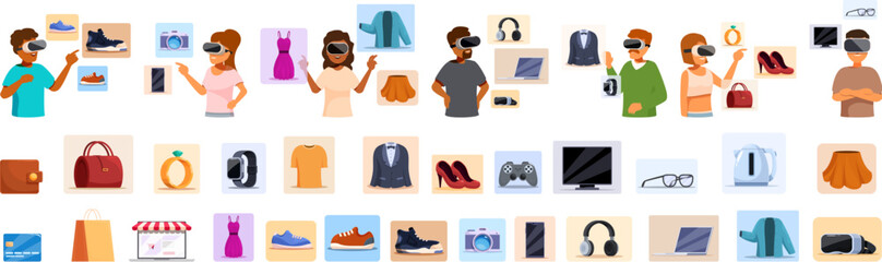 Virtual shopping icons set. People using vr headsets are shopping online and choosing products like clothes, shoes, electronics, and accessories