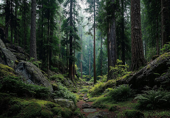 Obraz premium Lush ancient forest with towering evergreen trees moss covered rocks and ferns in peaceful untouched natural wilderness