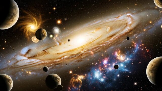 Majestic spiral galaxy with orbiting planets and distant nebulae in deep space exploration cosmic background with 4K Ai HD video.

