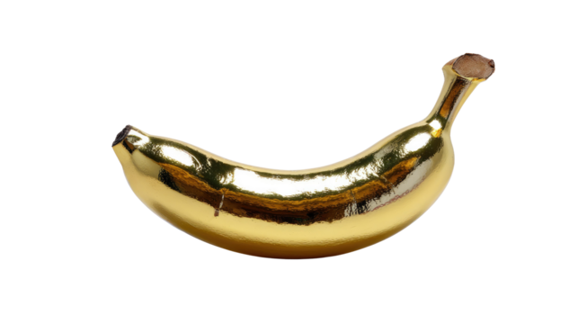Golden Banana: A vibrant, photorealistic, single golden banana, offering a luxurious visual experience that blends the natural form with a precious touch, emphasizing a modern take on still life.