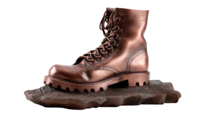 Combat Boot Statue: A detailed studio shot of a weathered combat boot statue, a symbol of resilience and strength, poised on a textured base
