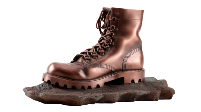 Combat Boot Statue: A detailed studio shot of a weathered combat boot statue, a symbol of resilience and strength, poised on a textured base