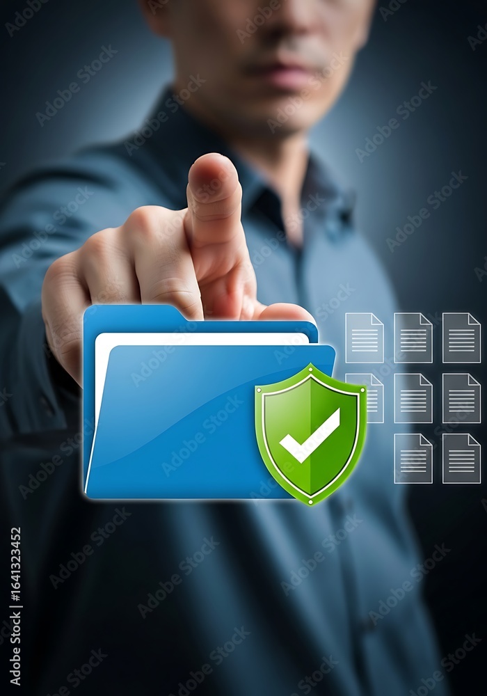 Poster man pointing to secure digital files finger