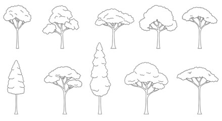 Collection of line art trees, various shapes and forms, for drawing lessons