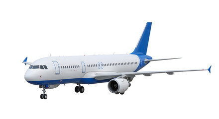Obraz premium Modern passenger jet airplane with blue accents on white background isolated