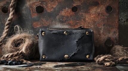 Naklejka premium Black leather pouch with metal studs and hemp rope, surrounded by vintage tools and rusty background in industrial style with textured lighting