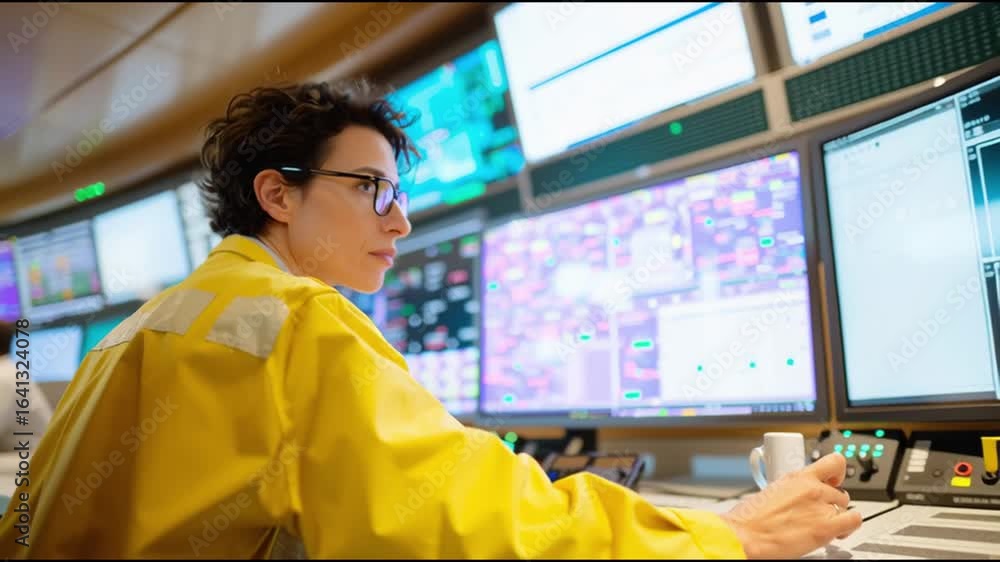 Poster focused professional monitors multiple computer screens in a high-tech control room