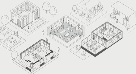 Isometric architectural drawings showcasing modern house plans with minimalist design