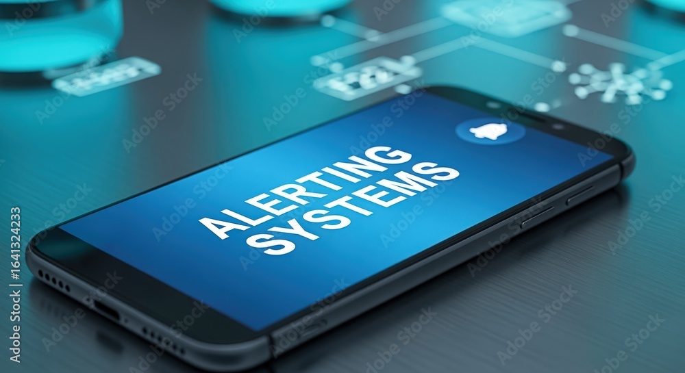 Poster alerting system mobile app concept: smartphone displaying notification icon and technology backgroun