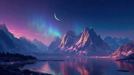Majestic Aurora Borealis Over Mountain Range Reflecting in Calm Lake Under Starry Night Sky