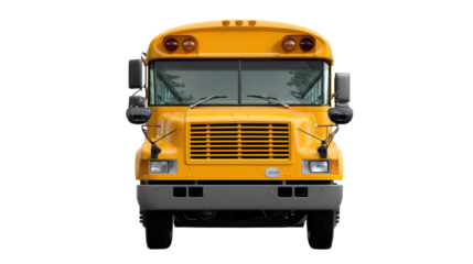 School Bus: A vibrant yellow school bus stands in a frontal view, highlighting its familiar design for education transportation.