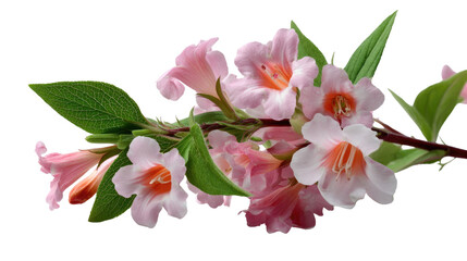 Obraz premium Blossoming Beauty: Delicate pink flowers in full bloom, with vibrant green leaves, branch gracefully. It evokes feelings of tranquility and a celebration of nature's elegance.