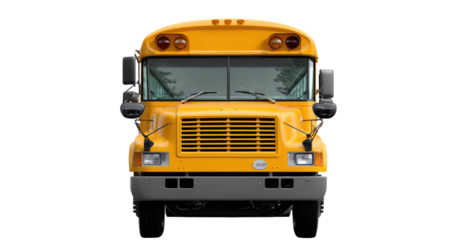 School Bus: A vibrant yellow school bus stands in a frontal view, highlighting its familiar design for education transportation.