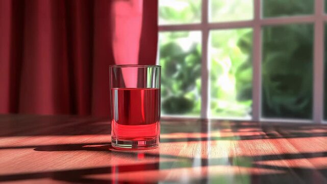 Glass of red juice sitting on table by window with sunlight streaming through