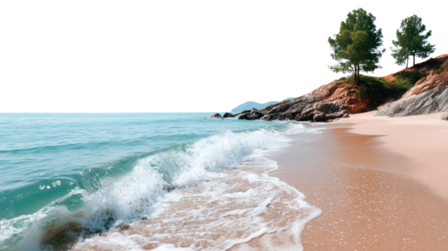 Seashore Serenity: An inviting coastal scene unfolds, with the rhythmic dance of waves crashing onto the sun-kissed shore, enhanced by the presence of lush, verdant trees.