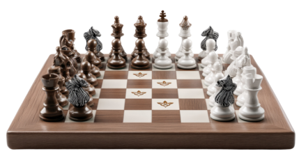 Strategic Showdown: A poised chess set, captured from a high-angle perspective, invites viewers into a tactical game of strategy and competition. The chessboard, meticulously arranged.