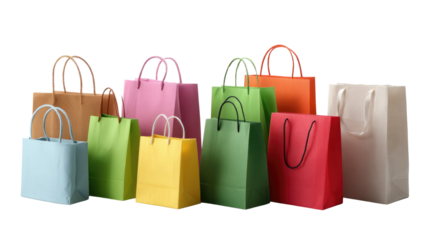 Vibrant Shopping Bags: A delightful assortment of colorful shopping bags of various sizes and hues, each standing alone, is a perfect visual element to evoke the joy of consumerism. 