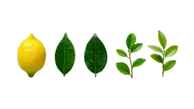 Lemon with green leaves isolated on a white background.