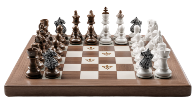 Strategic Showdown: A poised chess set, captured from a high-angle perspective, invites viewers into a tactical game of strategy and competition. The chessboard, meticulously arranged.