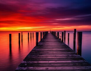 Obraz premium A long wooden pier extends into tranquil water, bathed in the dramatic, fiery hues of a stunning sunset sky with vibrant red, orange, and purple color