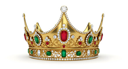 Obraz premium Ornate golden royal crown adorned with precious red and green gemstones on a white background