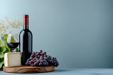 Classic French cheese board beautifully arranged with grapes and wine - refined gastronomy and convivial moments blue background