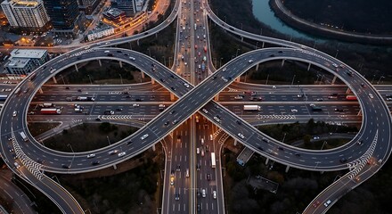 Infinity-shaped highway overpass with traffic flow in a modern cityscape at dusk