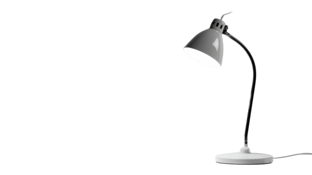 Modern desk lamp with adjustable arm and silver shade, perfect for creating a cozy workspace ambiance.