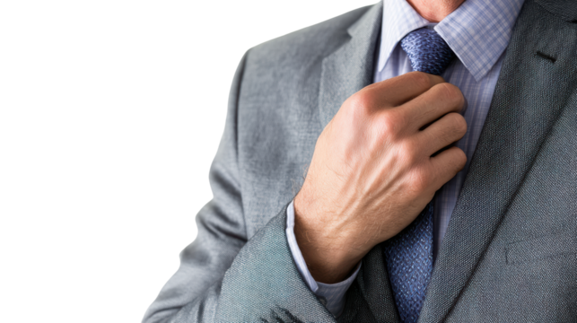 Man adjusting his tie, dressed in a suit, on a white isolated background.