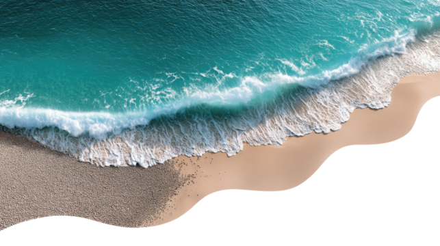 Seashore Serenity: A breathtaking aerial view of a tranquil coastline, where crystal-clear turquoise waters meet the pristine sandy beach. Gentle waves roll onto the shore.