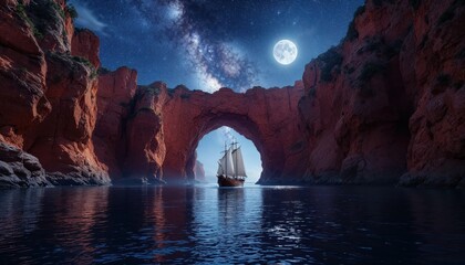 Sailboat serenely navigates a moonlit archway between dramatic red cliffs under a starry sky.