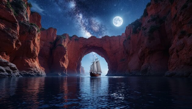 Sailboat serenely navigates a moonlit archway between dramatic red cliffs under a starry sky.