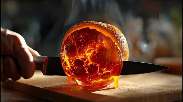 Chef cutting a vibrant, glowing orange with a knife on a wooden board, creating a captivating visual effect enhanced by swirling smoke and shimmering light