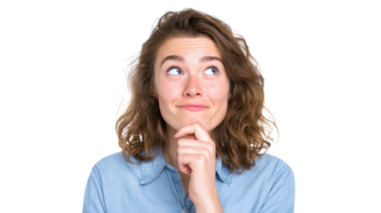 Pensive woman with curly hair looking thoughtfully upward, isolated on a white background.