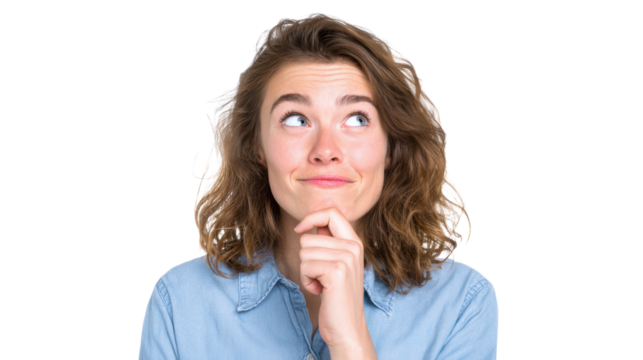 Pensive woman with curly hair looking thoughtfully upward, isolated on a white background.