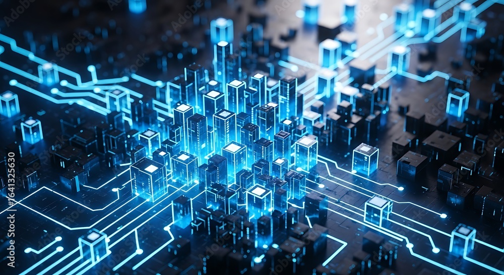 Poster a futuristic digital cityscape on a circuit board with glowing blue energy lights. abstract represen