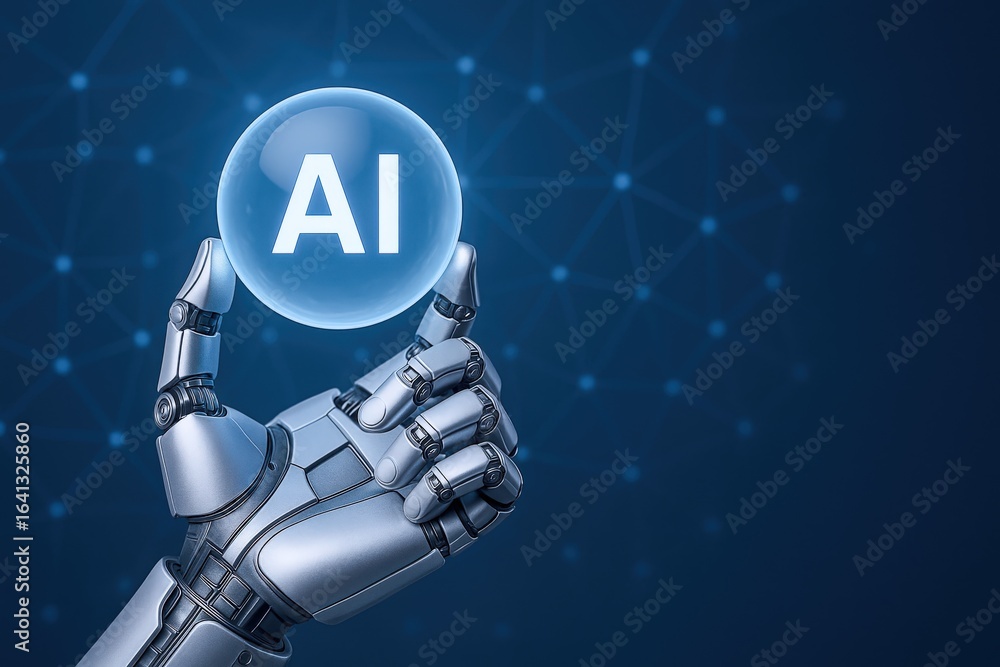 Poster robotic hand holding a glowing orb displaying artificial intelligence, illustrating the future of te