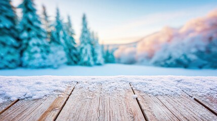 Winter landscape with snowy trees and wooden deck in peaceful afternoon light