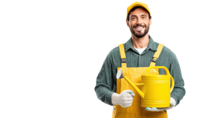 Smiling gardener holding a yellow watering can, ready to water plants, isolated on a white background.