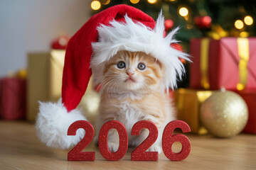 Celebrating The New Year With A Cute Kitten Wearing A Santa Hat It's Beside Glitter "2026" Numbers,